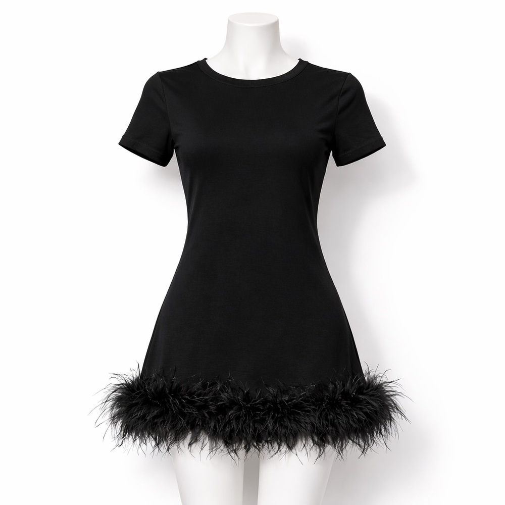 Mainstrip Black Feather Hem Mini Dress Size M NWT Party Cocktail